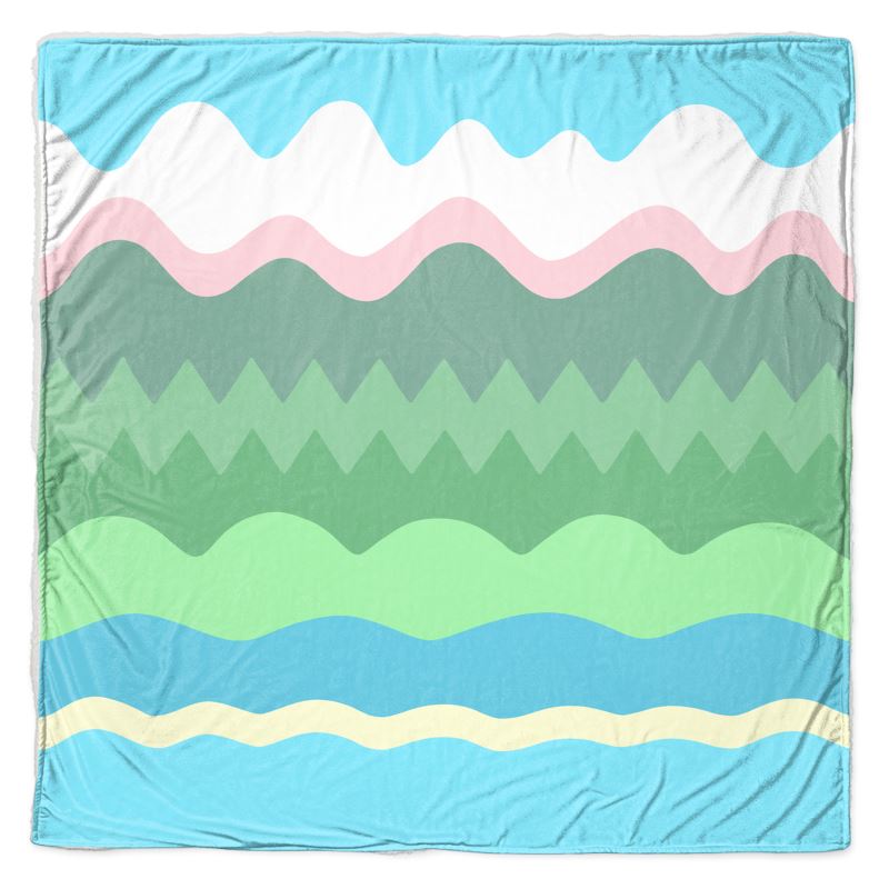 a throw blanket with a dreamy simple landscape print with colors of green, blue and some white, pink and yellow too, made by Abroadland Creative Studio